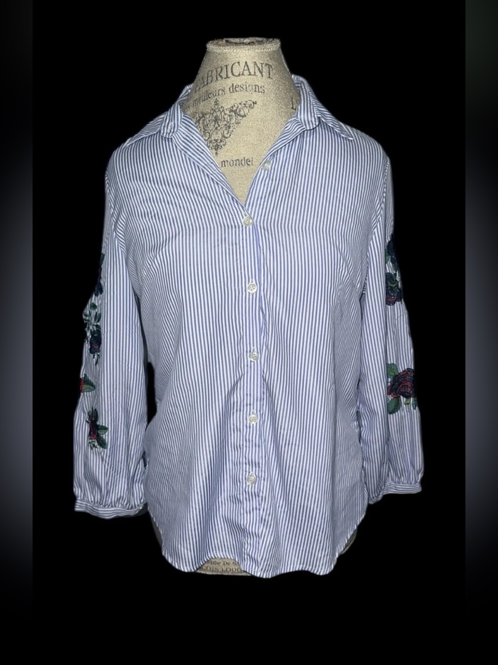 Blue & White Striped Button-Down Shirt with Floral Sleeve Embroidery